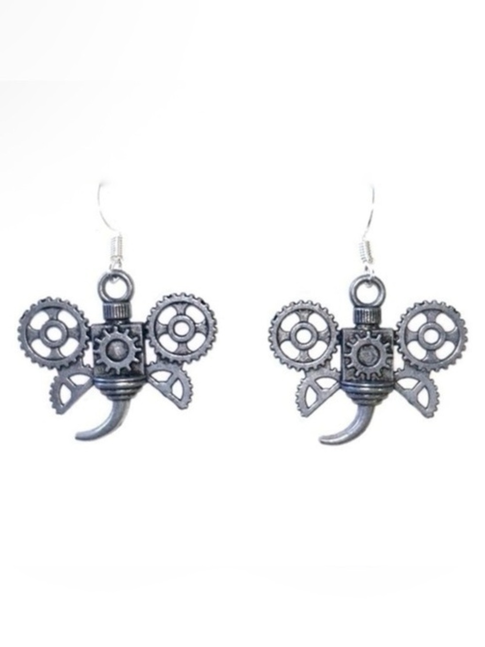 Steampunk Bug Gear Dangle Earrings in Antique Silver